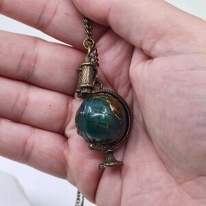 Globe Pendant Necklace Binocular Charm Antique Brass Tone Green Brown Explorer